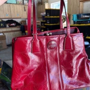 French Red Coach Patent Leather Shoulder Bag